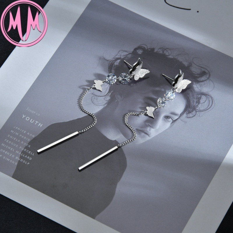 MORYMOSHI E162 Anting Wanita Titanium Stainless Kupu-Kupu Panjang Anti Karat Anti Luntur Fashion Korea-5