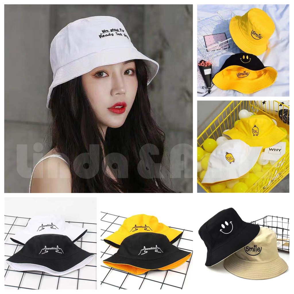 Dua Sisi Bolak Balik Topi Bucket / Fisherman Lipat Motif Print Tulisan Untuk Wanita Hip Hop Style