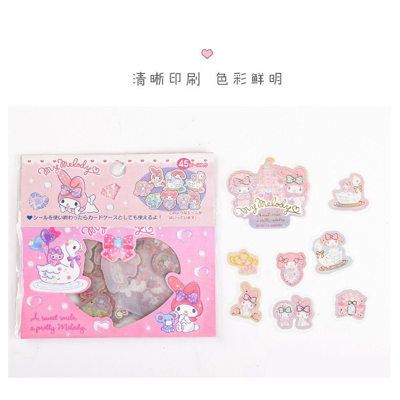 STICKER KARTUN 1 SET 45PCS KUROMI HELLO KITTY TWIN STARS MELODY CINNAMOROLL PURIN STICKER NOTES KERTAS LABEL