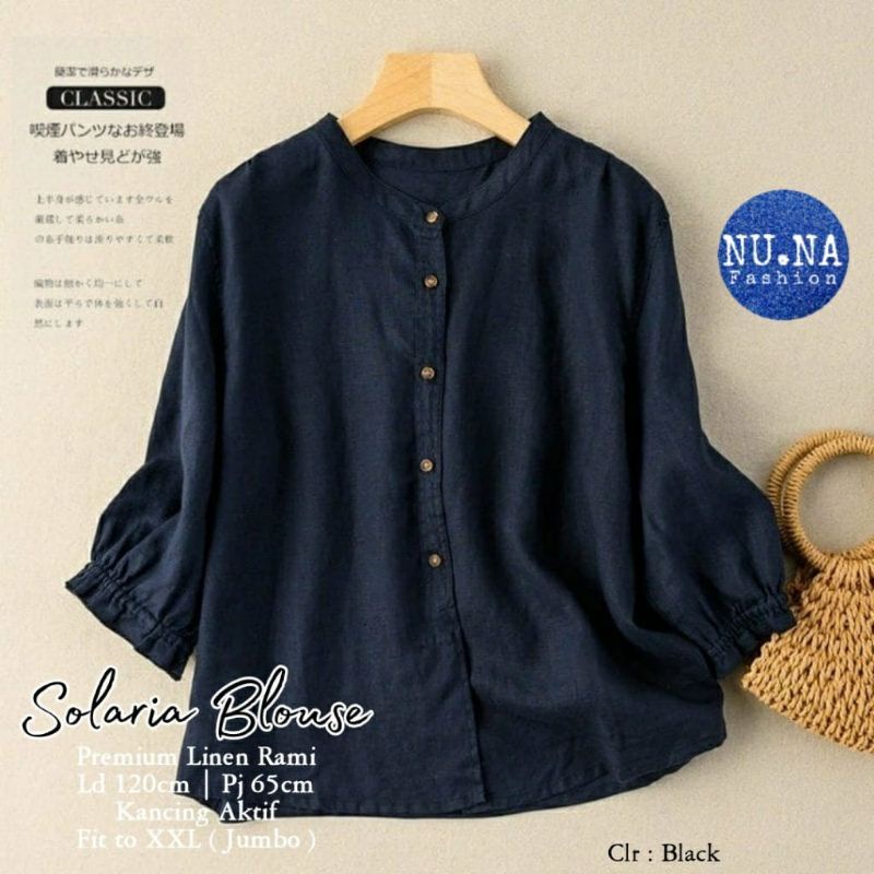 Solaria Bahan Linen Premiun Kerah Sanghai Kemeja Blouse Wanita Oversize LD 120