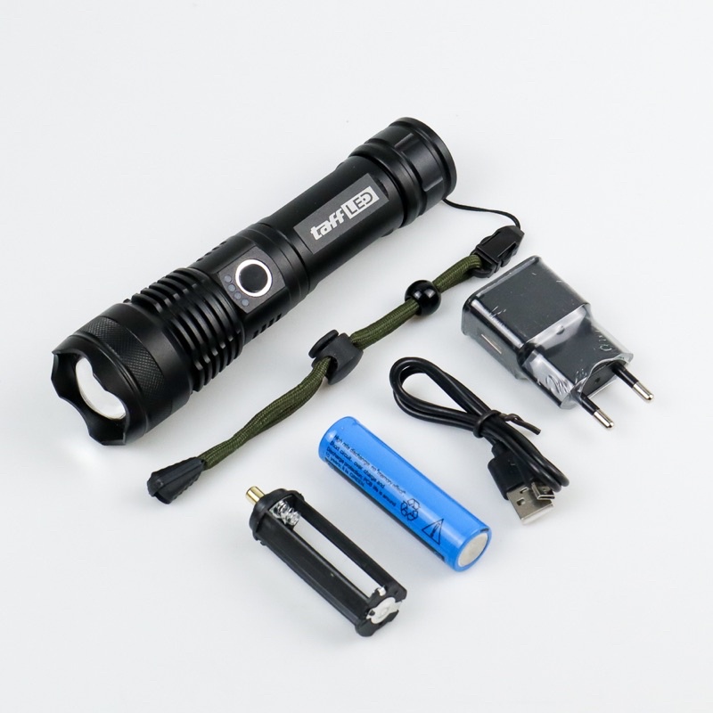 TaffLED Senter LED Flashlight USB Rechargeable XHP50 with 1x18650 + EU Adaptor - JHS522X - Black