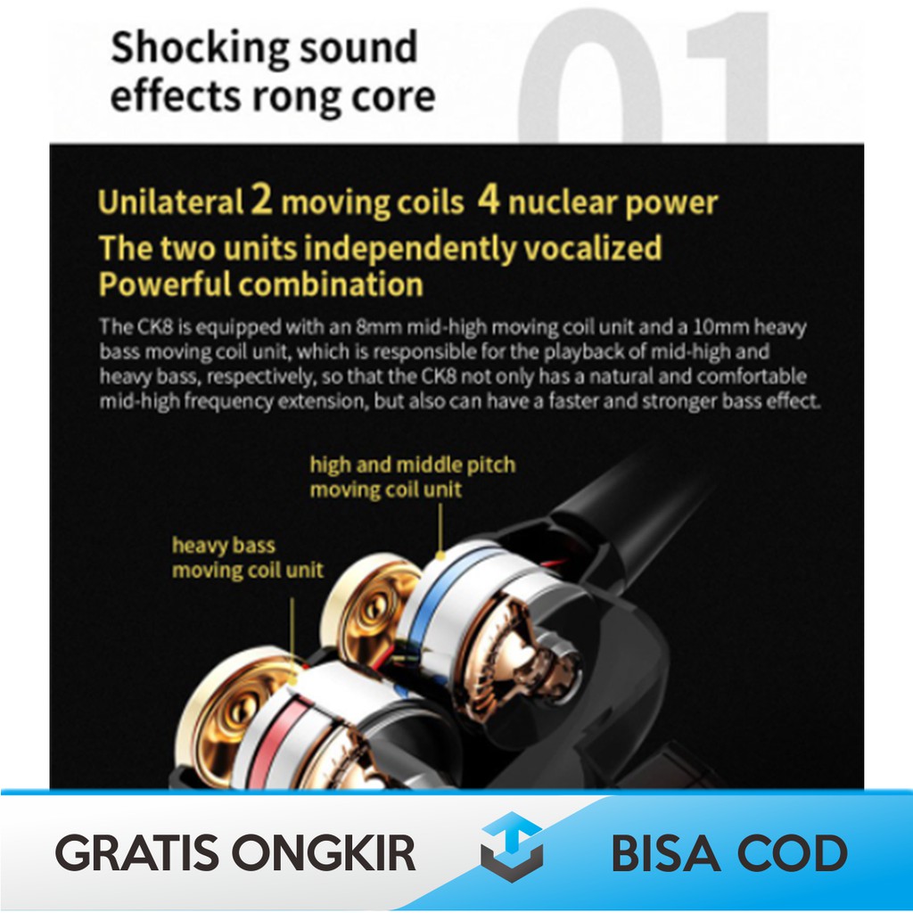 EARPHONE HEADPHONE ORIGINAL QKZ CK8 SUPER BASS DUAL DRIVER HIFI DENGAN MIC MURAH BERGARANSI