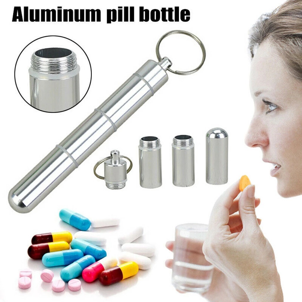 Pill Organizer Outdoor Dengan Gantungan Kunci Kotak Penyimpanan Fashion Aluminium Alloy Tahan Air Mini Seal Pill Box Portable Halus Novelty Metal Multifungsi Botol Pil