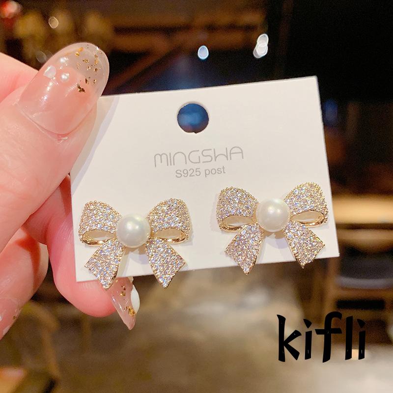 Anting Tusuk,Gantung Desain Pita Hias Mutiara,Gaya Trendy / Simple,Untuk Wanita