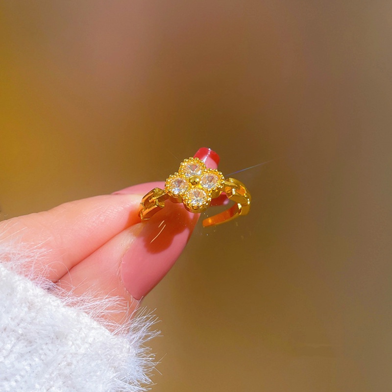 Cincin Titanium (Terbuka) Bunga Keberuntungan Cantik Berlian Lapis Emas 18K Perhiasan Wanita Korea