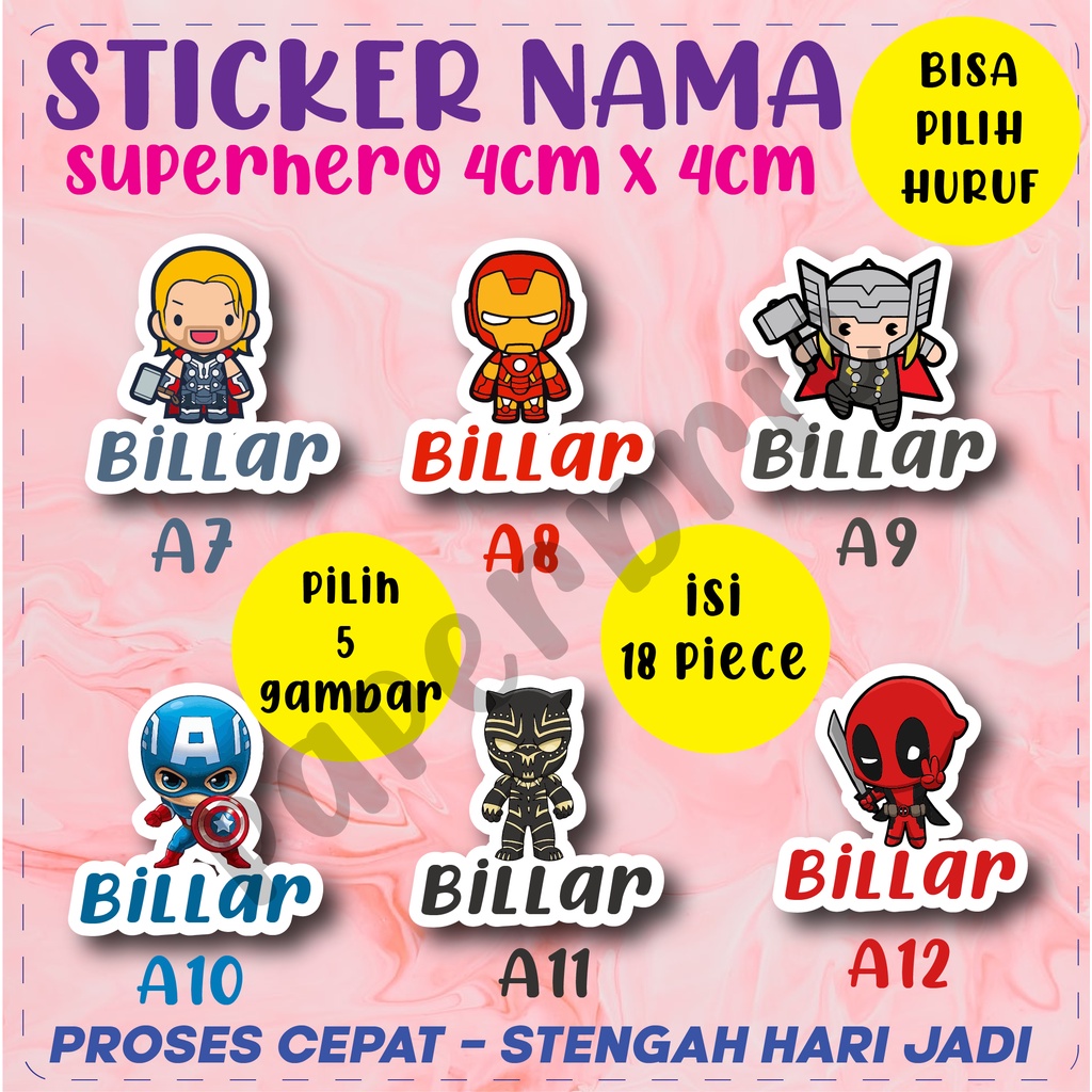 stiker nama anak superhero super hero label buku nama anak label anak lucu waterproof anti air