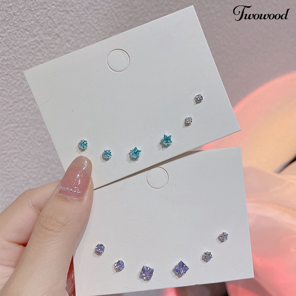 3 Pasang Anting Stud Cubic Zirconia Bentuk Bulat Geometris Bahan Alloy Untuk Wanita