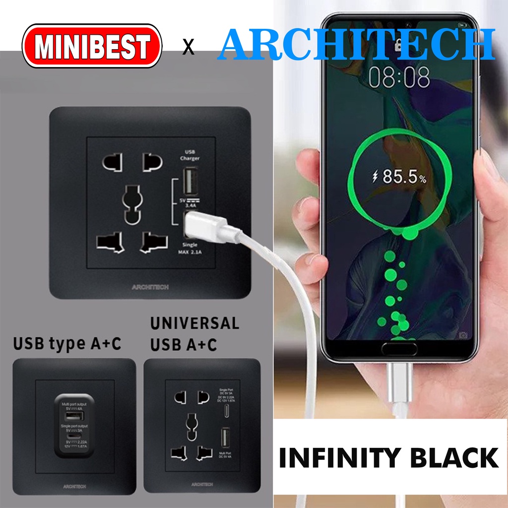 MINIBEST ARCHITECH INFINITY BLACK / SAKLAR USB / STOP KONTAK COLOKAN A63 NEW 2.3