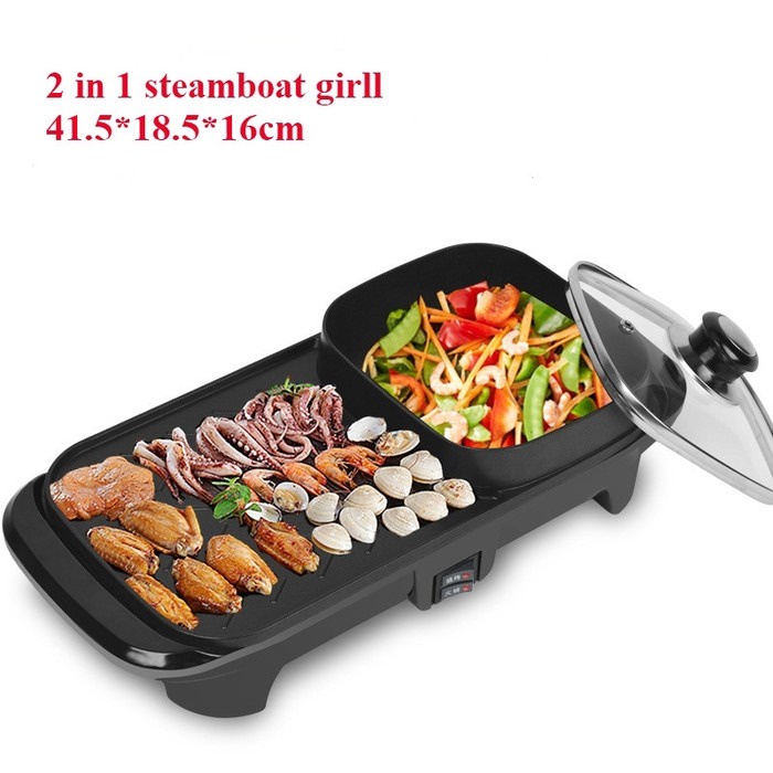 Rumah_kita2020 Elektrik 2 in 1 Teppanyaki Jumbo Panjang Pan Shabu 1246- Steamboat BBQ Grill Pan HOT POT BBQ 2 IN 1 BAKAR BAKSO Sate Sosis Rebus Goreng Bakar Panci Listrik Barbeque Steamboat Teppanyaki Panggangan