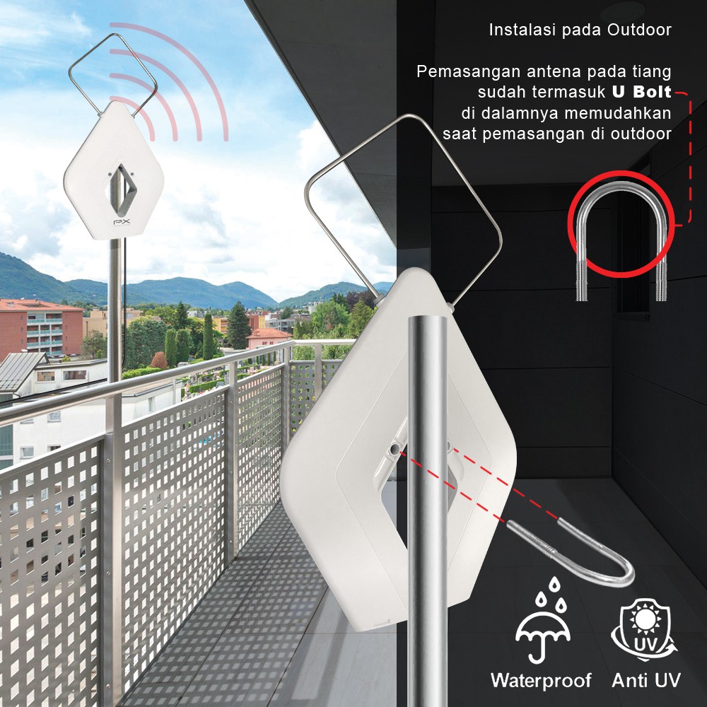 Antena TV Digital Indoor Outdoor Analog + Kabel 12 Meter PX HDA-2000