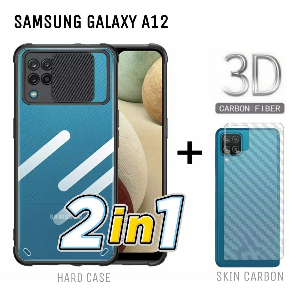 Case SAMSUNG GALAXY A12 Paket 2in1 Hard Case Fusion Sliding Free Skin Carbon Back Handphone