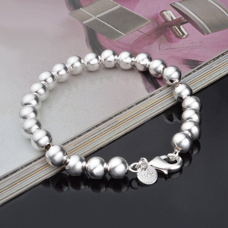 Fancyqube Gelang Rantai Sterling Silver 925 Hias Manik-Manik Bola Hollow Ukuran 8mm 10mm Untuk Wanita