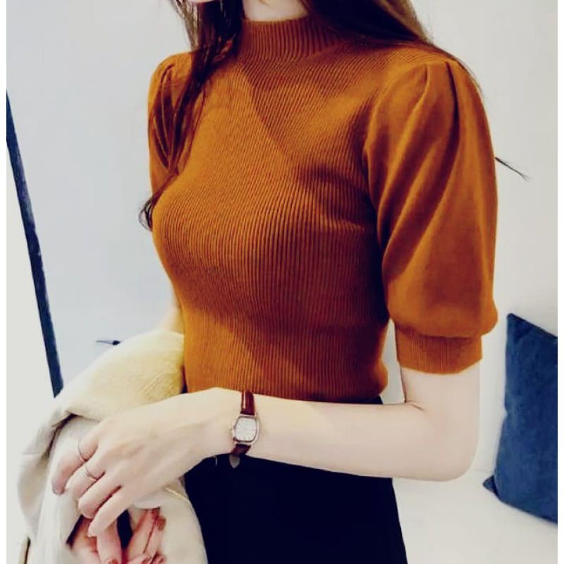 baju atasan rajut wanita // rajut import Midi Turtleneck Top Line Premium Turtle Neck Lengan Pendek 