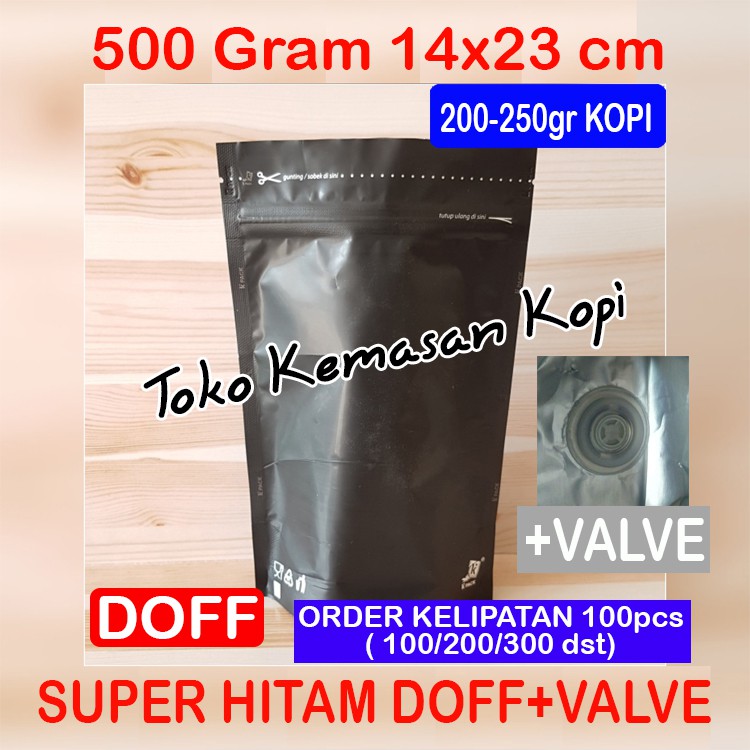 

Kemasan kopi 200-250gr/Standing Pouch Alumunium Foil Hitam Doff 500gr+ZIPPER+valve(14x23cm)