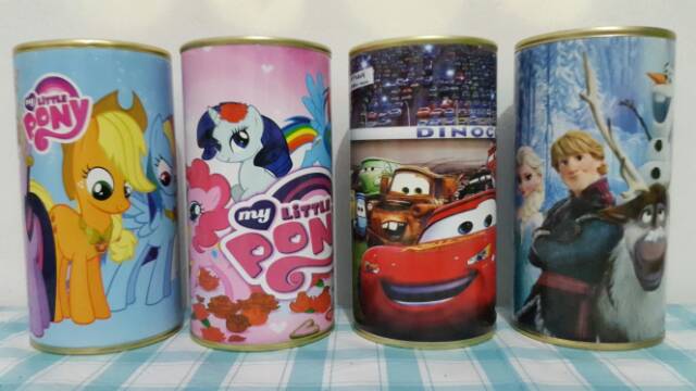 Celengan Tabung Kaleng Karakter Little Pony, Spiderman, Cars, Hello Kitty, Doraemon, Frozen