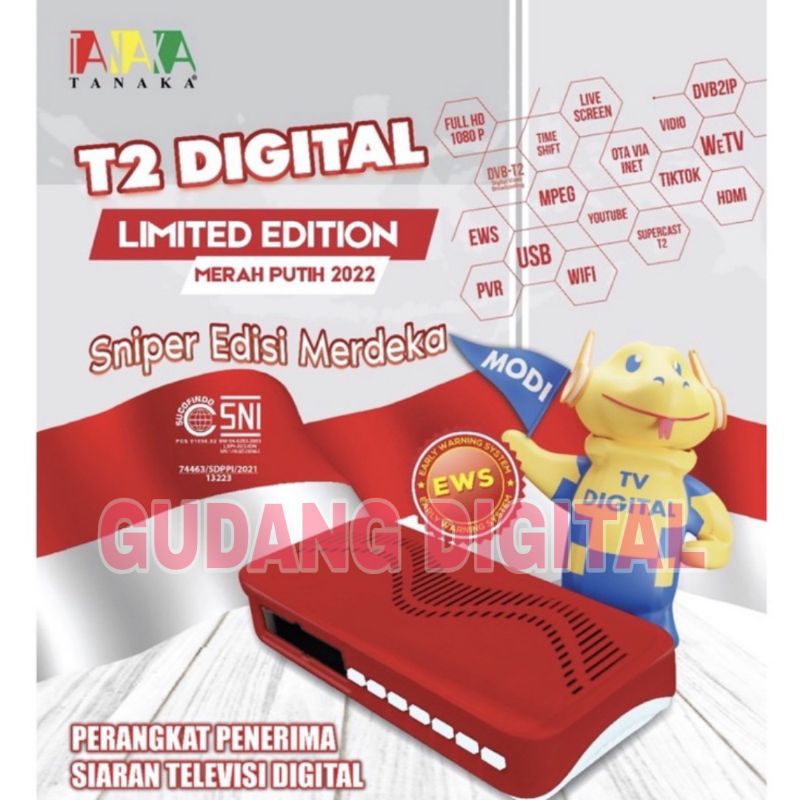 STB TV DIGITAL STB Digital DVB T2 Set Top Box Merek Tanaka Type T2 Sniper Merdeka Edisi Merah Putih 