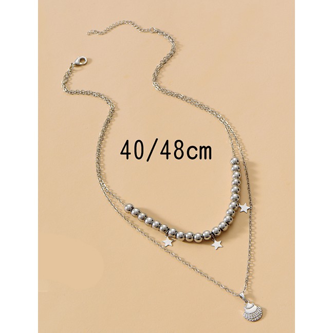 LRC Kalung Fashion Silver Color Alloy Double Five-pointed Star P82870