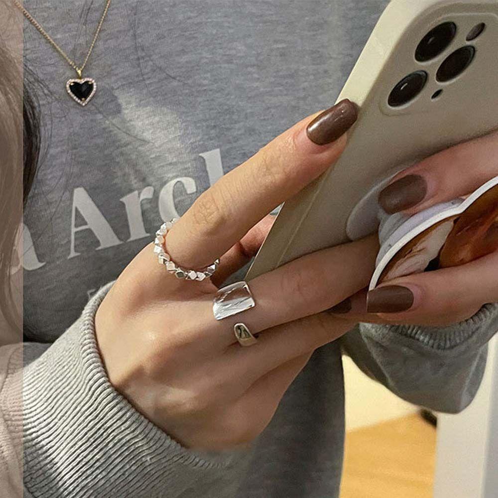 Mxbeauty Wanita Terbuka Cincin Trendi Sederhana Untuk Perempuan Manik-Manik Persegi Retro Hip Hop Jari Perhiasan