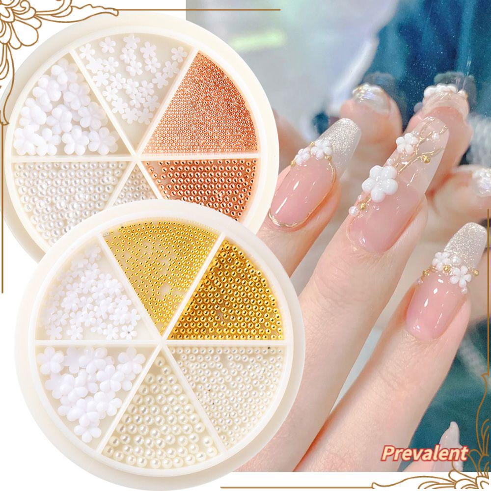 6 Sekat / Kotak Roda Isi Manik-Manik Kuku Akrilik Bentuk Bunga Warna Putih / Emas Untuk DIY Manicure