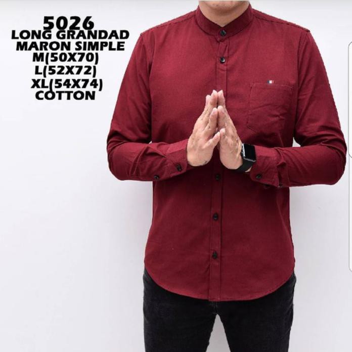 Kemeja Pria Lengan Panjang Maroon Koko Kerah Shanghai - Maroon, M Best Quality