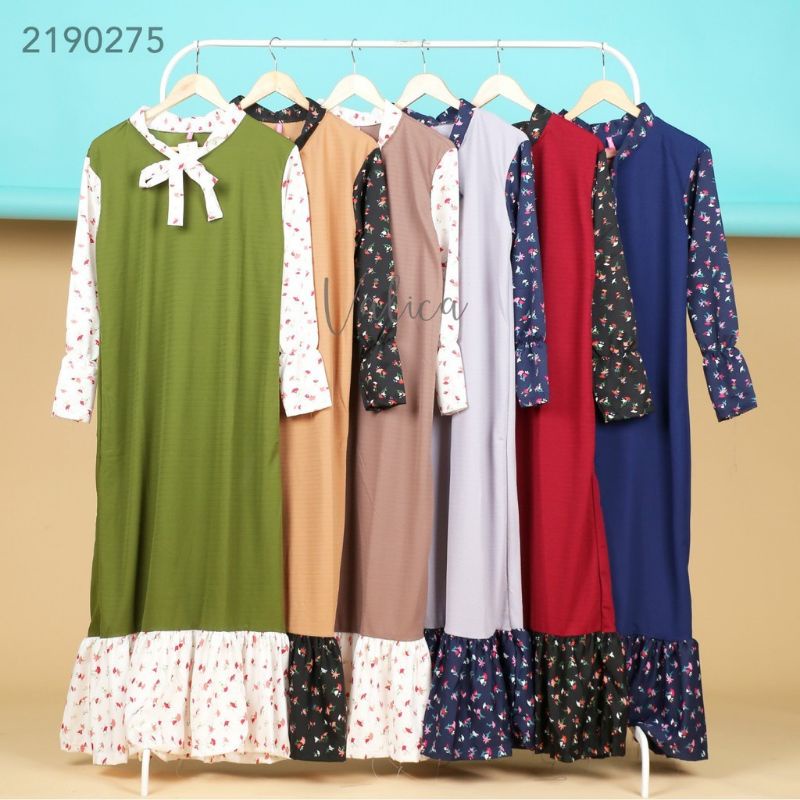 Gamis leher pita lengan motif bunga bahan waffle dan woolpeach merk valica