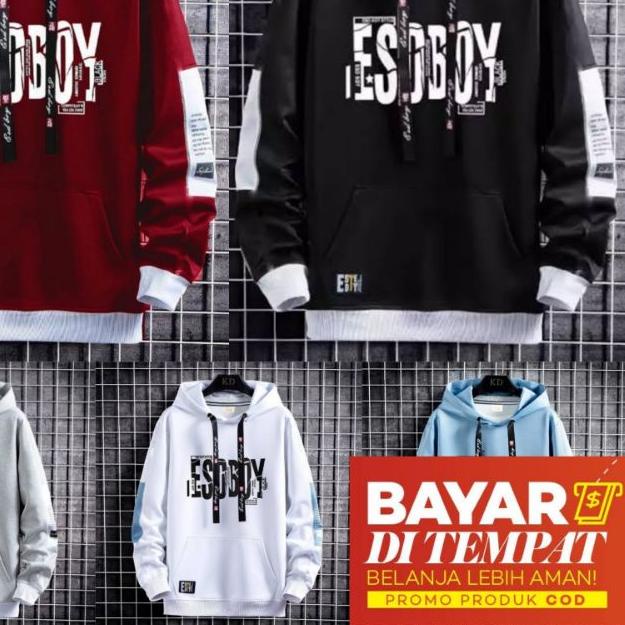 ♔ Jaket Hoodie Pria Murah ESOBOY bahan Tebal Cotton Fleece Hitam Putih Abu ✤