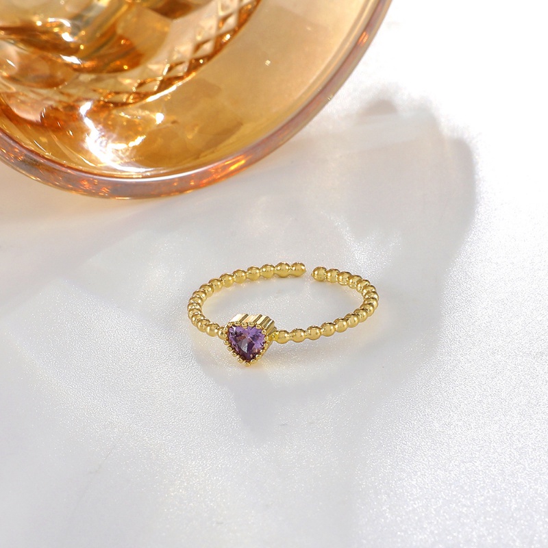 Cincin Kristal Zircon Bentuk Hati Warna Ungu Gaya Vintage Korea Untuk Wanita