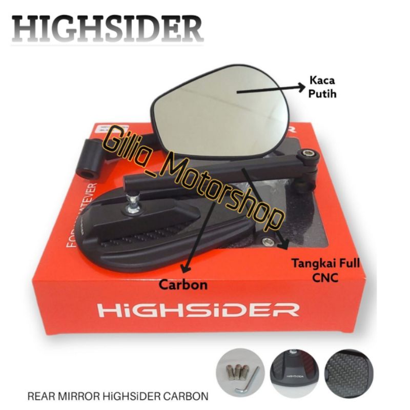 HIGHSIDER SPION CARBON FLIBER BULAT /OVAL MIRROR PUTIH-DATAR HIGHSIDER ASSESORIS MOTOR BISA DI MODIF KE DRAT HONDA YAMHA