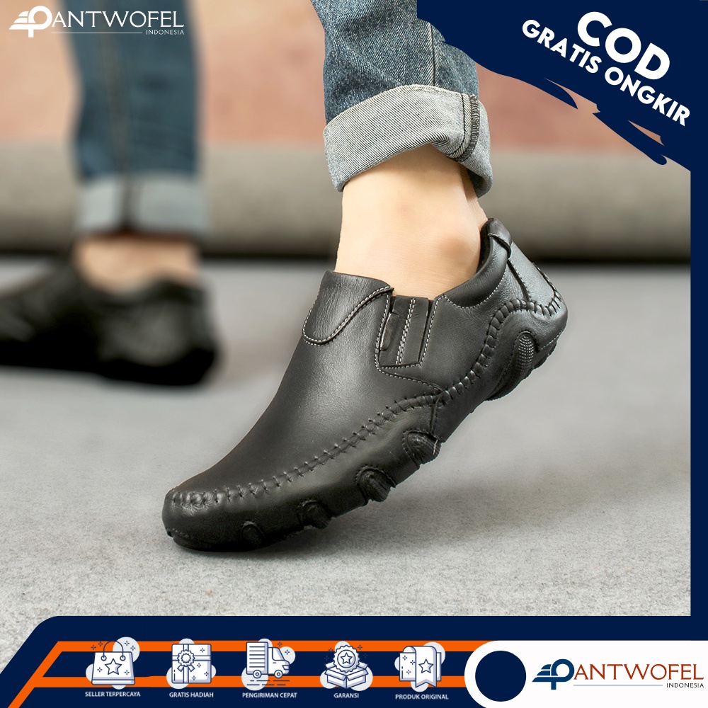 PTW X LIBE - Sepatu Pantopel Oxford Formal Kerja Cowok Slip On Anti Slip Bahan Kulit Sapi Asli Kualitas Premium Ukuran 39 - 43 Warna Cokelat Hitam - Spatu Fantopel Kasual Kerja Kantoran Resmi Rapat Dinas Paspampres Pansus Nikahan Lamaran Pesta Crocodile