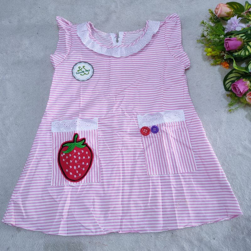 Dress anak 2 3 Tahun Strawbery strip murah perempuan anak wanita saku dua lucu dress perempuan anak murah berrystrip  (Dress beryStrip)