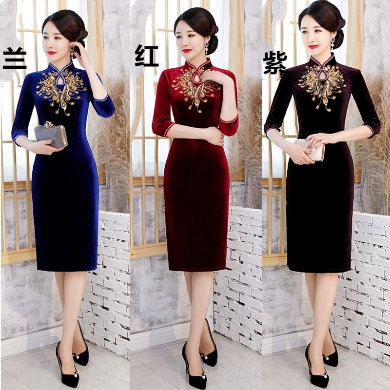 Beludru Cheongsam 2019    Beaded Panjang Peningkatan Tiga Kuartal Lengan Elegan Middle-Aged  tua Wan