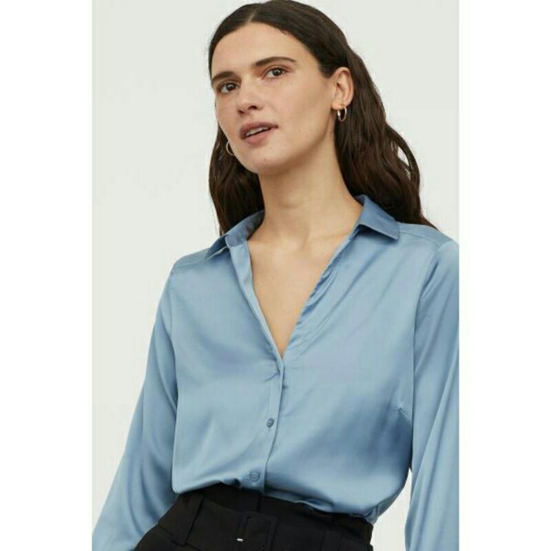 H&amp;M Blouse Satin V - Neck Strech  Blouse Kemeja Banyak Warna | Kemeja Wanita Original Branded