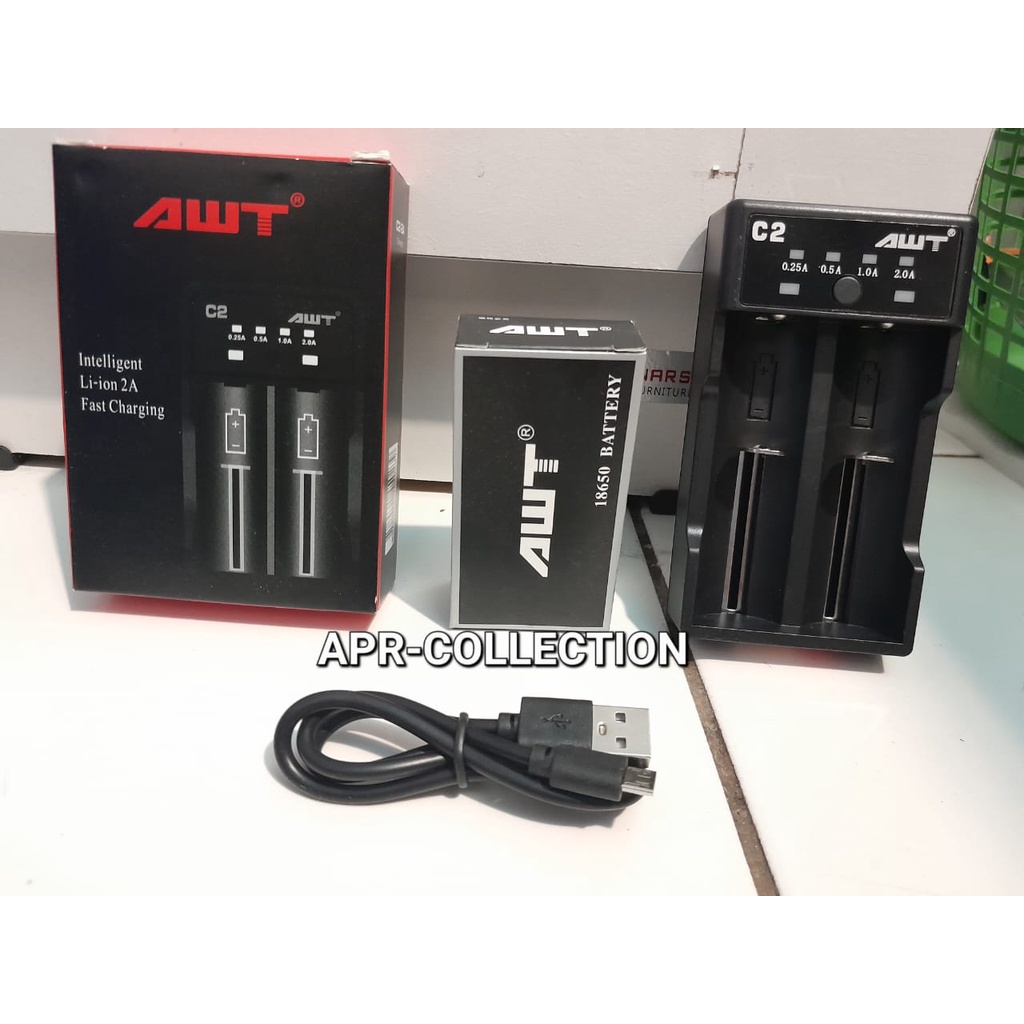 FULL SET KOMPLIT SIAP PAKAI CHARGER BATERAI AWT C2 / CHARGER C2 AWT + BATERAI AWT 18650 2 PCS