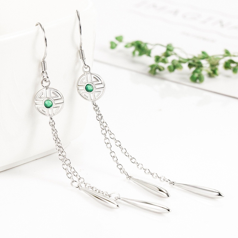 Anting Kait Rumbai Panjang Bentuk Segitiga Geometris Bahan 925 Silver Untuk Wanita