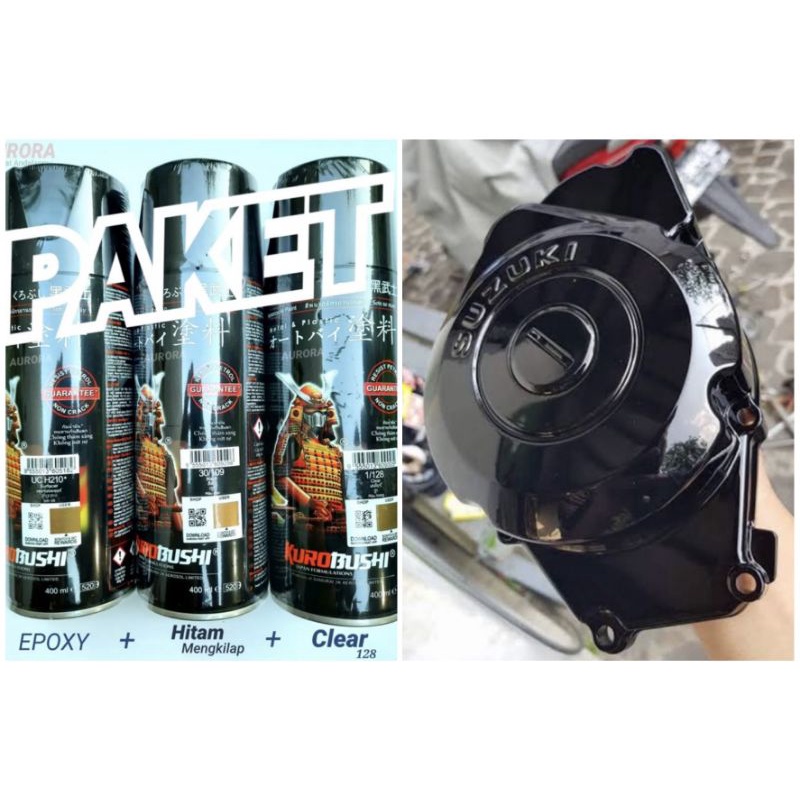 PAKET SAMURAI PAINT HITAM GLOSSY /KILAP, CAT SEMPROT PYLOX TAHAN BENSIN 400 ml