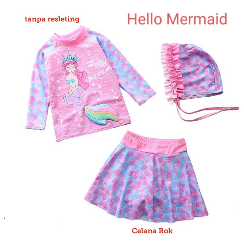 baju renang anak setelan rok hello mermaid/kostum anak rok mermaid/baju renang anak