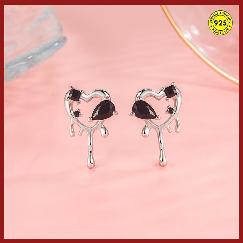 Anting Tusuk Sterling Silver 925 Desain Hati Hias Berlian Hitam Untuk Wanita