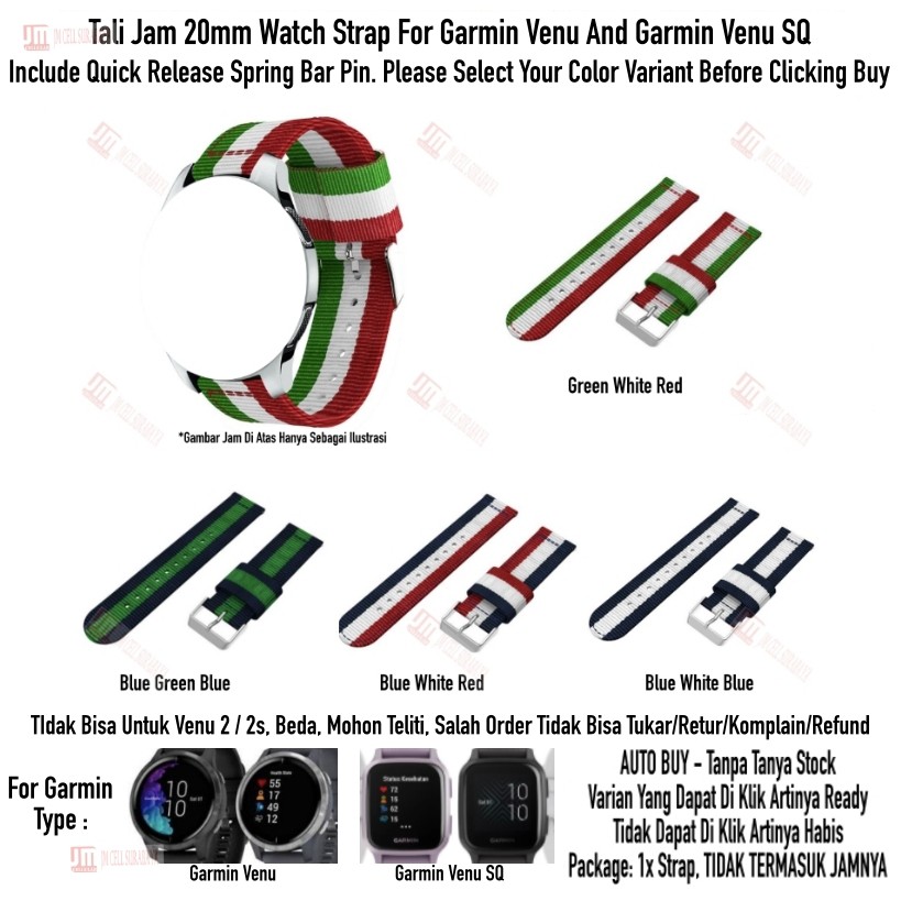 Tali Jam 20mm Watch Strap Garmin Venu / Venu SQ - Nylon 3 Baris Quick Release