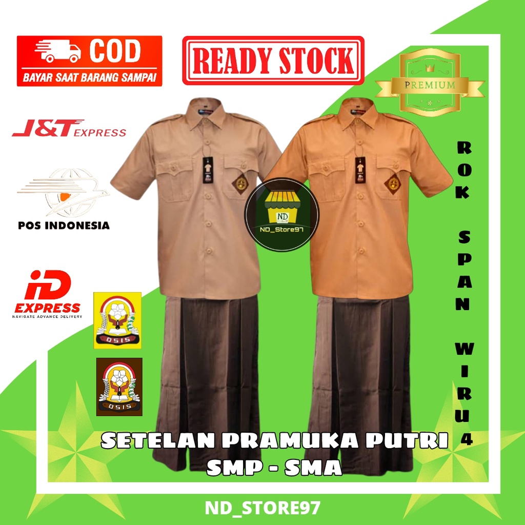 Setelan Seragam Pramuka SMP SMA Pembina Putri / Perempuan Model Baju Saku 2 Depan Lengan Pendek + Ro