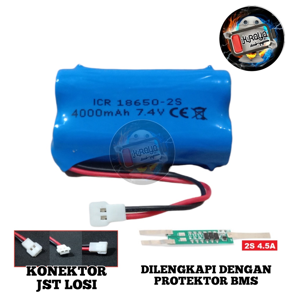 Baterai RC/ Baterai Remot Control / Baterain Mainan RC Lainnya 2x 18650-2S 4000mAh 7.4V Protektor BMS 4.5A Konektor JST LOSI