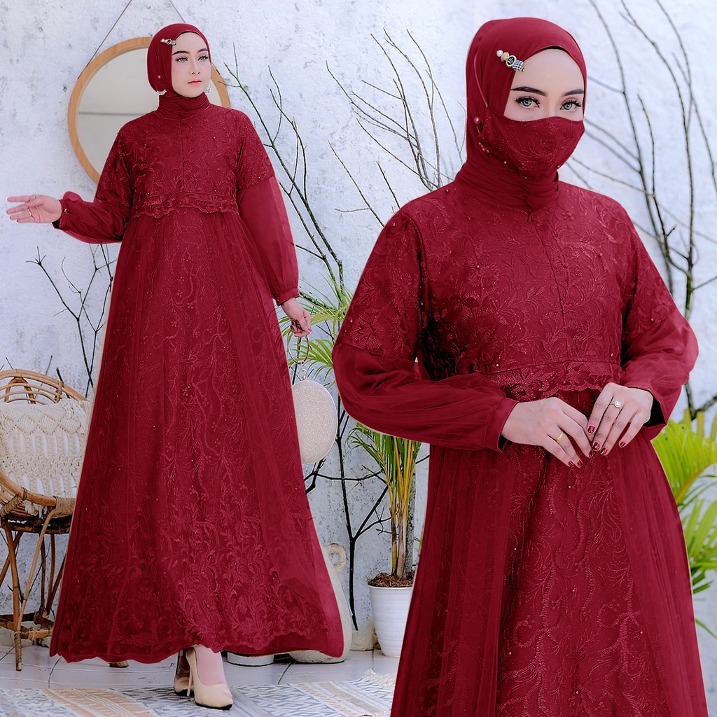 (New Free Masker Brukat)Selvia Brukat Tile Mutiara/ Size S-M, L , XL, XXL / Gamis Pesta /Maxi Dress Kondangan /Brokat Muslimah