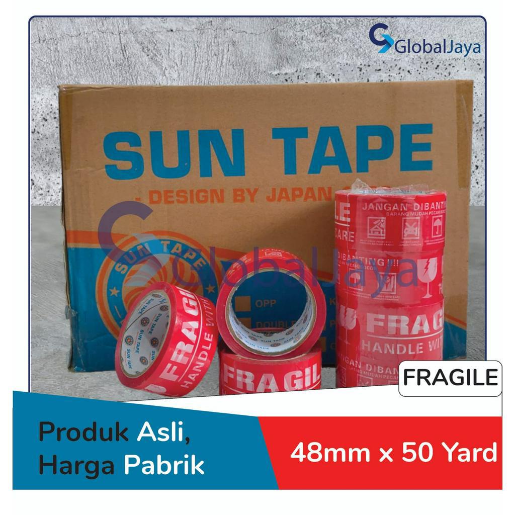

[1 DUS] LAKBAN FRAGILE MERAH JANGAN DI BANTING SUN TAPE 48 MM × 50 YARD SUPER