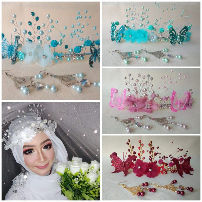 bandana  mahkota/ heepis  +  anting hiasan kpala kupu kupu untuk pengantin/ praweding