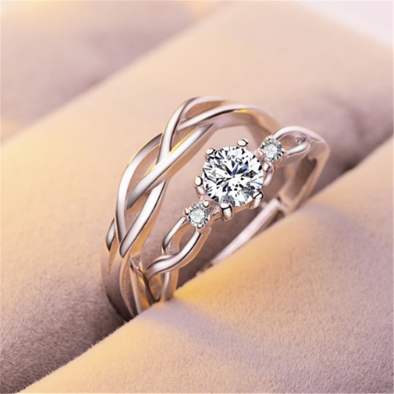 2pcs / Set Cincin Model Terbuka Bahan Sterling Silver 925 Desain Hati Hias Berlian Gaya Korea Untuk Hadiah
