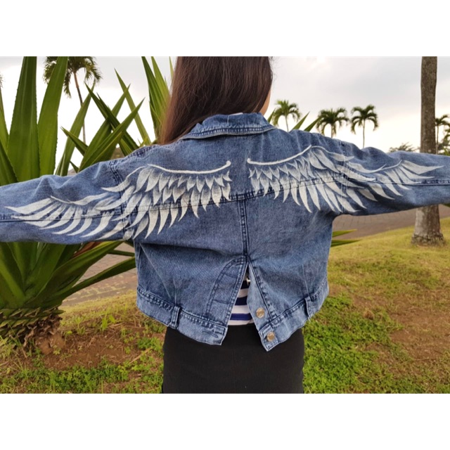 Jual Jaket jeans crop lukis sayap custom wanita Indonesia|Shopee Indonesia