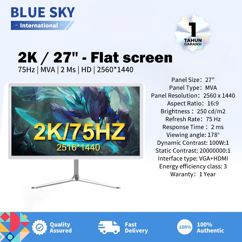 BLUE SKY Monitor definisi tinggi 27 inci yang menghadap langsung, monitor komputer gaming profesional, monitor definisi tinggi 2K/75HZ