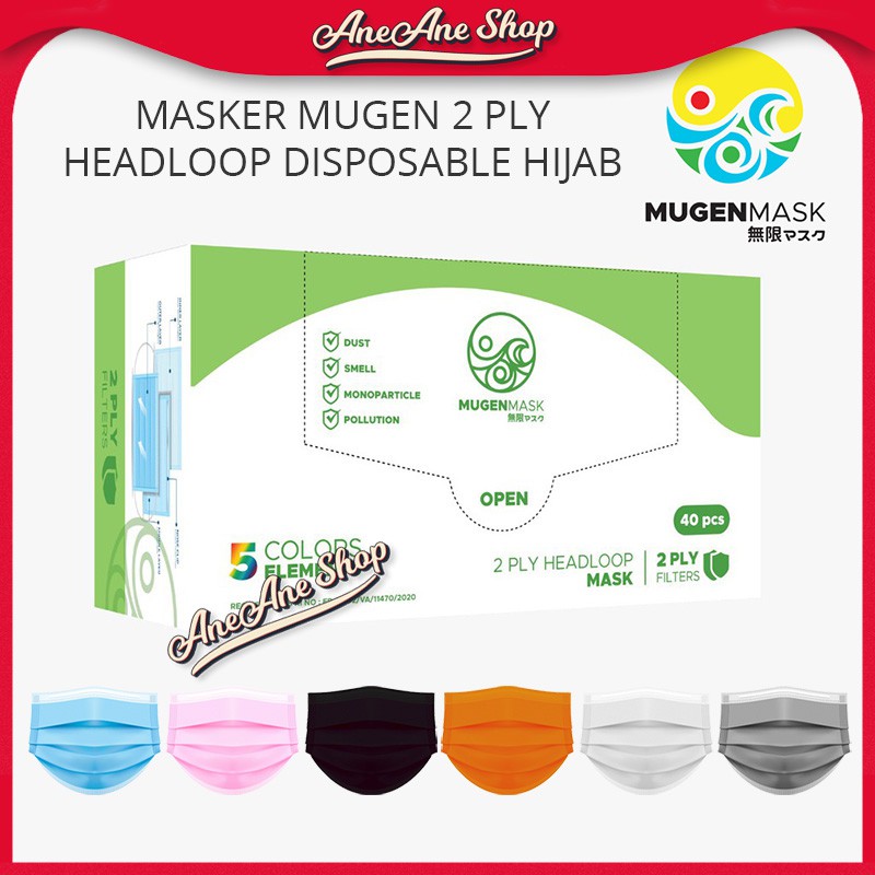 MASKER MUGEN 2 PLY HIJAB DISPOSABLE MASK ISI 40 PCS IZIN KEMENKES 2PLY HEADLOOP TALI SILANG