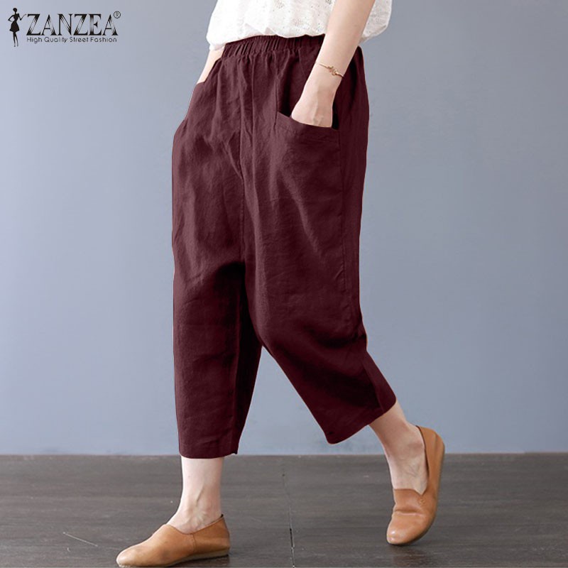 ZANZEA Womens Plus Size Casual Cropped Capris Cotton Loose Trousers