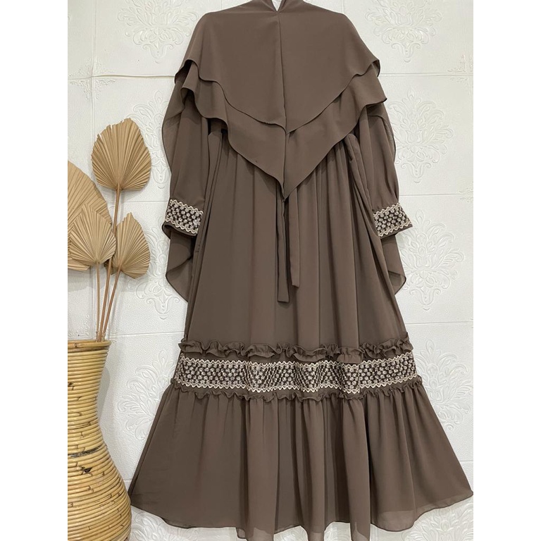 Gamis Syari Ceruty Mix Renda Depan dan Tangan | Gamis Syari Busui | Gamis Set Khimar Terbaru-Abu Tanah