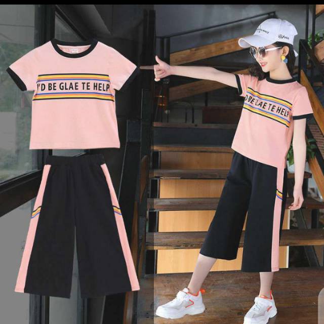 Setelan baju kaos celana sport anak cewek remaja Korea branded murah